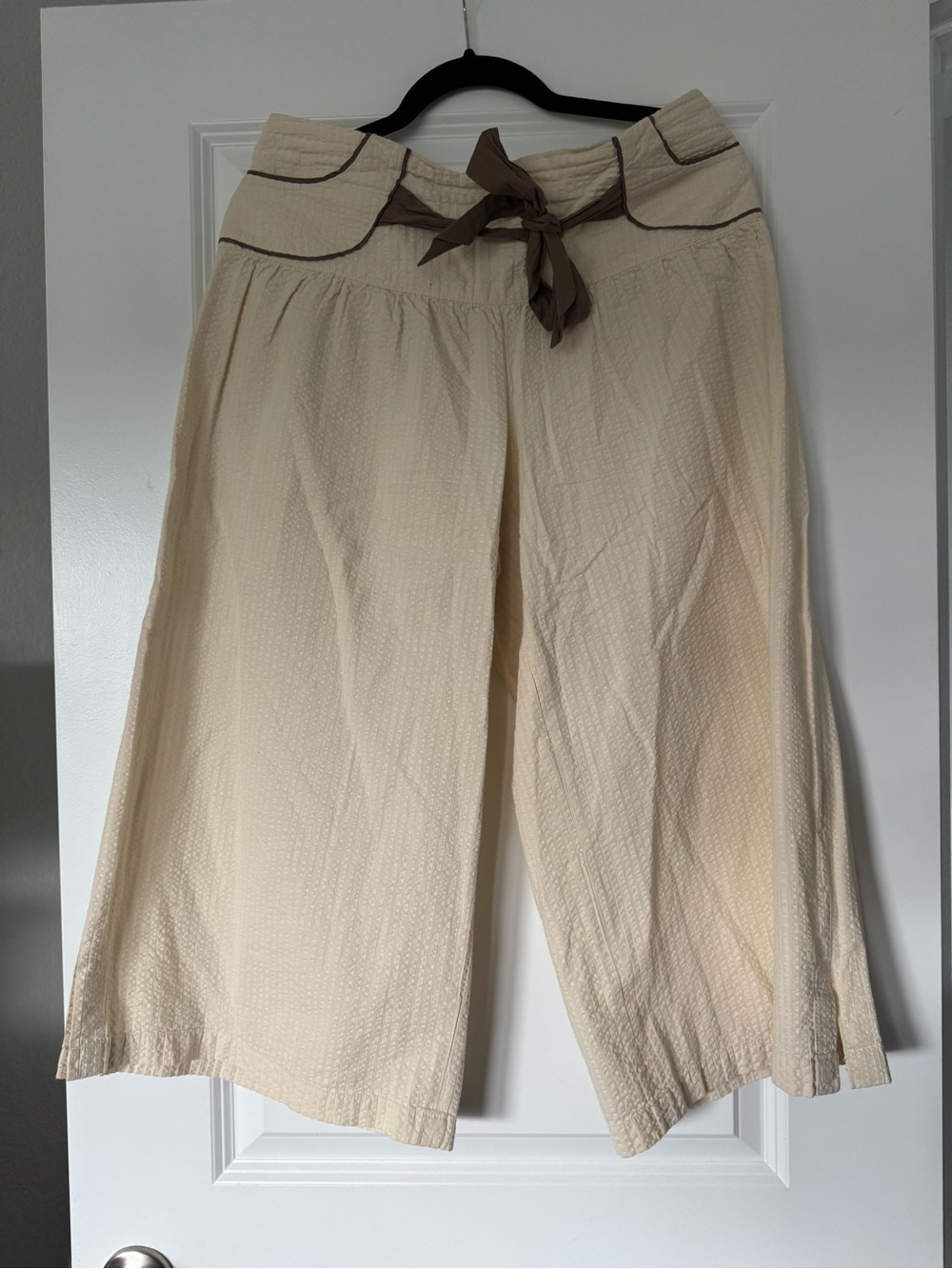 Anthropologie Wide Leg Cream Cropped Pants with Brown Waist Tie